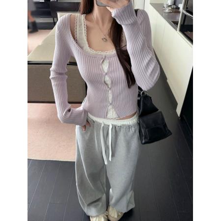 FA48447# 韩系假两件紫色针织打底衫女早秋chic甜辣妹蕾丝花边内搭短款上衣 服裝批發女裝批發服飾貨源