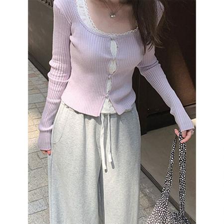 FA48447# 韩系假两件紫色针织打底衫女早秋chic甜辣妹蕾丝花边内搭短款上衣 服裝批發女裝批發服飾貨源
