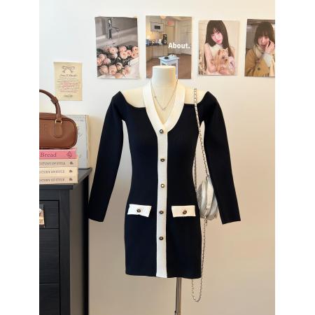 FA48454# 小香风撞色针织连衣裙内搭显瘦包臀裙 服裝批發女裝批發服飾貨源