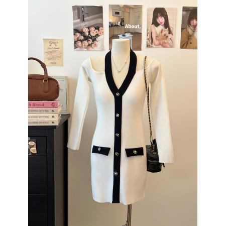 FA48454# 小香风撞色针织连衣裙内搭显瘦包臀裙 服裝批發女裝批發服飾貨源