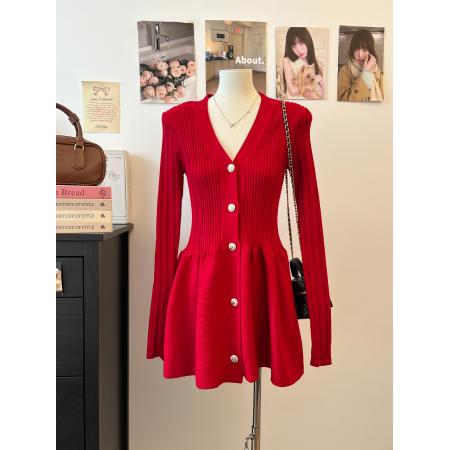 FA48457# 小香纯欲风v领长袖针织连衣裙显瘦收腰蓬蓬裙子修身a字短裙 服裝批發女裝批發服飾貨源