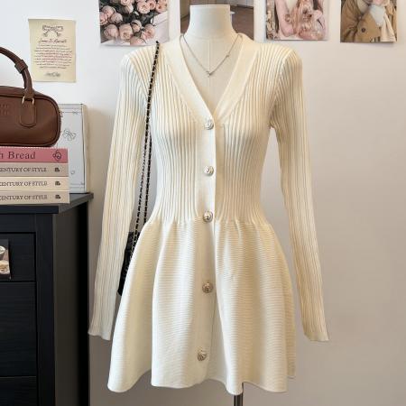 FA48457# 小香纯欲风v领长袖针织连衣裙显瘦收腰蓬蓬裙子修身a字短裙 服裝批發女裝批發服飾貨源