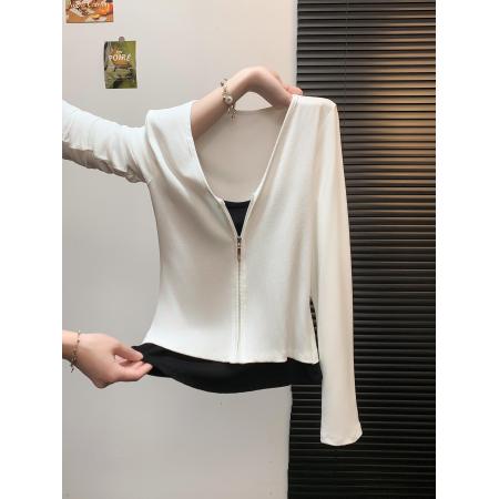 FA48459# 韩系港味休闲外搭短款修身开衫百搭假两件上衣黑色打底衫女 服裝批發女裝批發服飾貨源