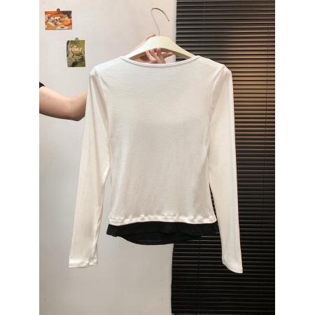 FA48459# 韩系港味休闲外搭短款修身开衫百搭假两件上衣黑色打底衫女 服裝批發女裝批發服飾貨源