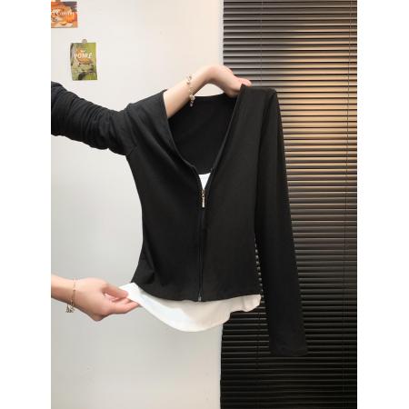 FA48459# 韩系港味休闲外搭短款修身开衫百搭假两件上衣黑色打底衫女 服裝批發女裝批發服飾貨源