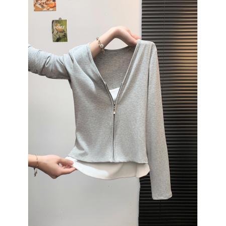 FA48459# 韩系港味休闲外搭短款修身开衫百搭假两件上衣黑色打底衫女 服裝批發女裝批發服飾貨源