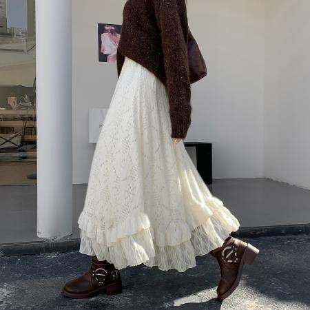 FA48460# 蕾丝肌理拼接半身裙女秋季法式优雅a字下摆不规则长裙子 服裝批發女裝批發服飾貨源
