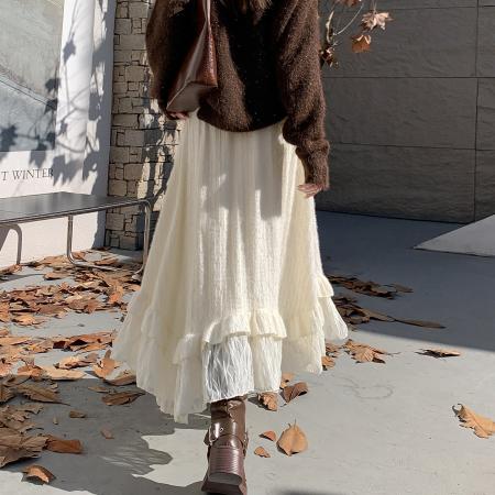 FA48460# 蕾丝肌理拼接半身裙女秋季法式优雅a字下摆不规则长裙子 服裝批發女裝批發服飾貨源