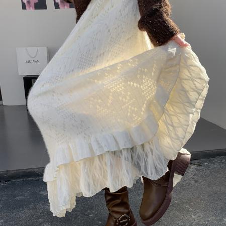 FA48460# 蕾丝肌理拼接半身裙女秋季法式优雅a字下摆不规则长裙子 服裝批發女裝批發服飾貨源