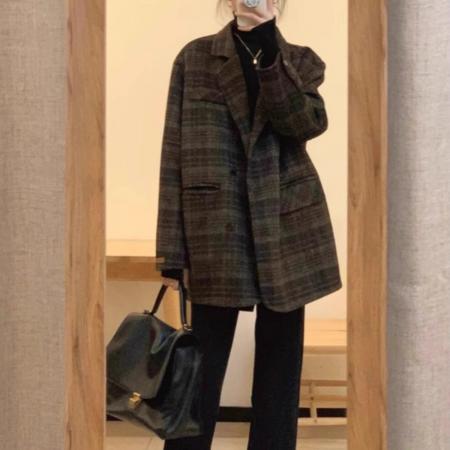 FA48464# 格子呢子大衣女秋冬季新款毛呢外套冬天短款好看韩系 服裝批發女裝批發服飾貨源