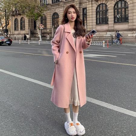 FA48467# 粉色呢大衣女秋冬新款韩版时尚气质宽松中长款系带毛呢外套 服裝批發女裝批發服飾貨源