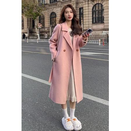 FA48467# 粉色呢大衣女秋冬新款韩版时尚气质宽松中长款系带毛呢外套 服裝批發女裝批發服飾貨源