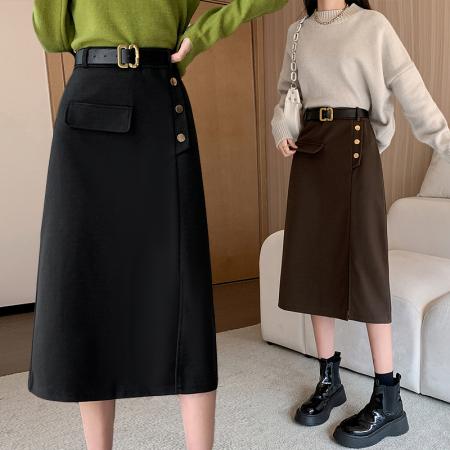 FA48469# 秋冬新款毛呢半身裙女韩版高腰显瘦一步裙中长款气质侧开叉裙子 服裝批發女裝批發服飾貨源