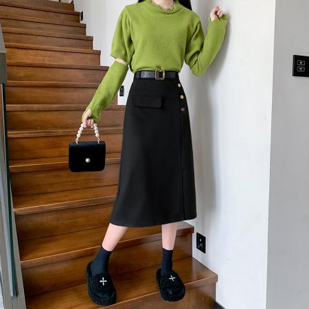 FA48469# 秋冬新款毛呢半身裙女韩版高腰显瘦一步裙中长款气质侧开叉裙子 服裝批發女裝批發服飾貨源