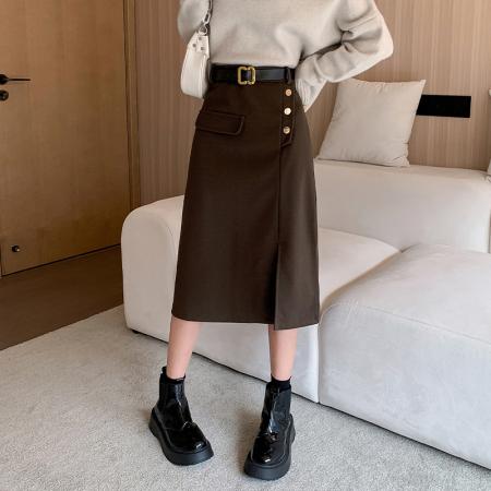 FA48469# 秋冬新款毛呢半身裙女韩版高腰显瘦一步裙中长款气质侧开叉裙子 服裝批發女裝批發服飾貨源