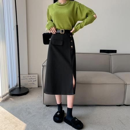 FA48469# 秋冬新款毛呢半身裙女韩版高腰显瘦一步裙中长款气质侧开叉裙子 服裝批發女裝批發服飾貨源