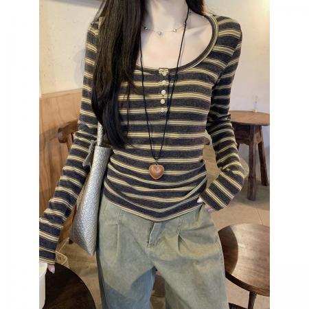 FA48470# 秋冬韩版撞色条纹纽扣u领羊绒内搭修身长袖T恤打底上衣 服裝批發女裝批發服飾貨源