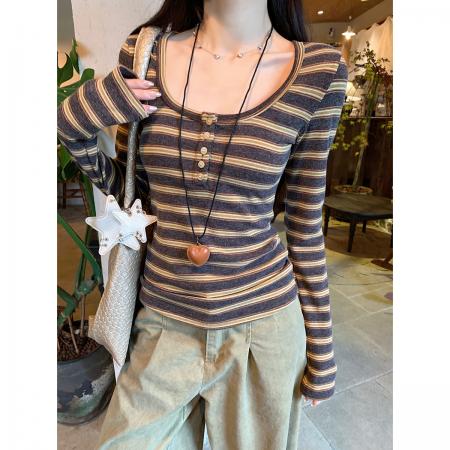 FA48470# 秋冬韩版撞色条纹纽扣u领羊绒内搭修身长袖T恤打底上衣 服裝批發女裝批發服飾貨源