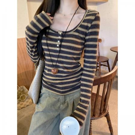 FA48470# 秋冬韩版撞色条纹纽扣u领羊绒内搭修身长袖T恤打底上衣 服裝批發女裝批發服飾貨源