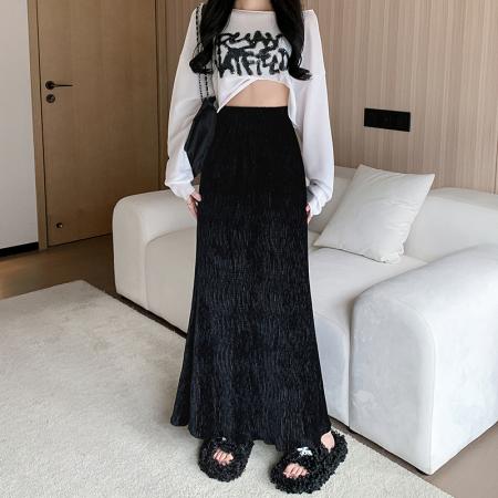 FA48471# 秋冬新款金丝绒褶皱高腰包臀鱼尾裙气质中长款垂感A字长裙一步裙 服裝批發女裝批發服飾貨源