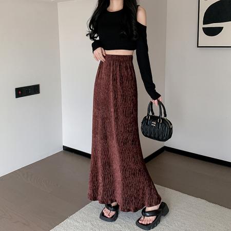 FA48471# 秋冬新款金丝绒褶皱高腰包臀鱼尾裙气质中长款垂感A字长裙一步裙 服裝批發女裝批發服飾貨源