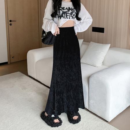 FA48471# 秋冬新款金丝绒褶皱高腰包臀鱼尾裙气质中长款垂感A字长裙一步裙 服裝批發女裝批發服飾貨源