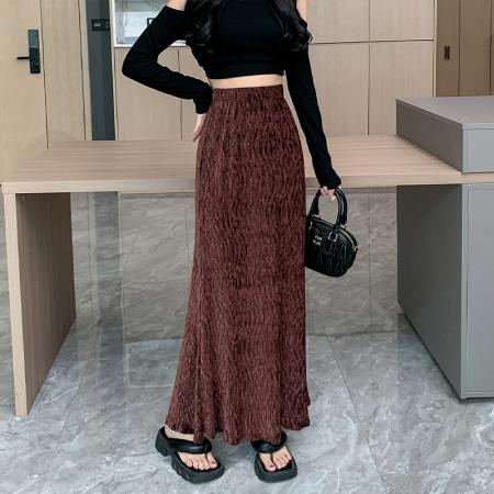 FA48471# 秋冬新款金丝绒褶皱高腰包臀鱼尾裙气质中长款垂感A字长裙一步裙 服裝批發女裝批發服飾貨源