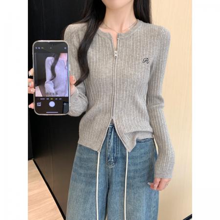 FA48473# 秋冬韩版双拉链坑条刺绣圆领安迪绒针织开衫毛衣外套女 服裝批發女裝批發服飾貨源