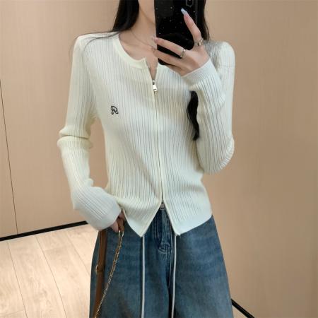 FA48473# 秋冬韩版双拉链坑条刺绣圆领安迪绒针织开衫毛衣外套女 服裝批發女裝批發服飾貨源