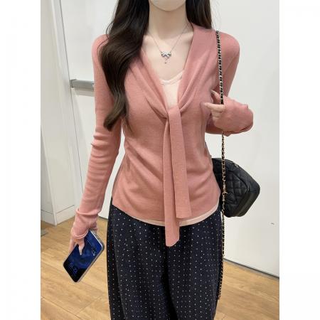 FA48474# 秋冬韩版假两件V领系带修身显瘦6羊毛内搭针织衫毛衣女 服裝批發女裝批發服飾貨源