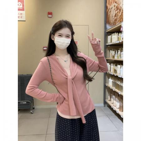 FA48474# 秋冬韩版假两件V领系带修身显瘦6羊毛内搭针织衫毛衣女 服裝批發女裝批發服飾貨源