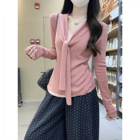 FA48474# 秋冬韩版假两件V领系带修身显瘦6羊毛内搭针织衫毛衣女 服裝批發女裝批發服飾貨源