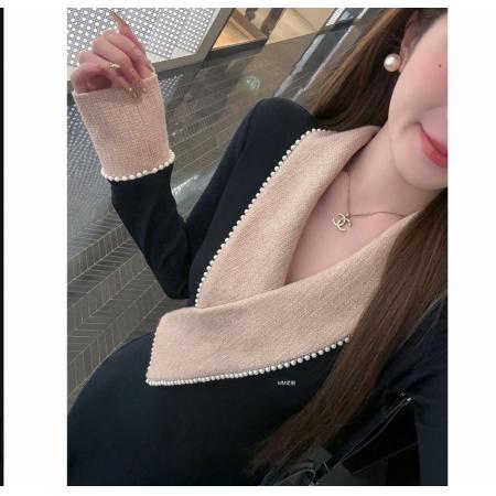 FA48475# 全能女主甜心月神冬季加绒气质V领珍珠拼接收腰显瘦连衣裙 服裝批發女裝批發服飾貨源