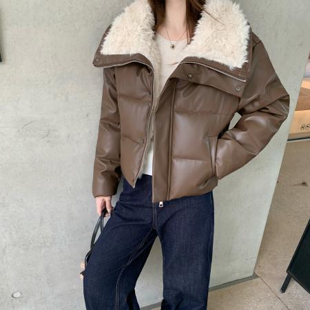 FA48486# 冬新款羊羔毛大翻领韩系宽松短款女PU皮时尚棉服外套 服裝批發女裝批發服飾貨源