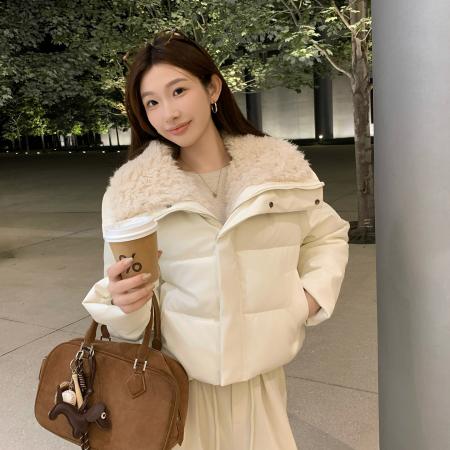 FA48486# 冬新款羊羔毛大翻领韩系宽松短款女PU皮时尚棉服外套 服裝批發女裝批發服飾貨源
