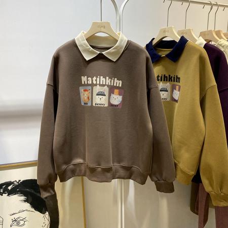 FA48489# 冬季韩版撞色翻领卫衣女新款爆款加厚减龄印花上衣外套潮 服裝批發女裝批發服飾貨源