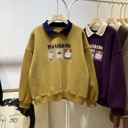 FA48489# 冬季韩版撞色翻领卫衣女新款爆款加厚减龄印花上衣外套潮 服裝批發女裝批發服飾貨源