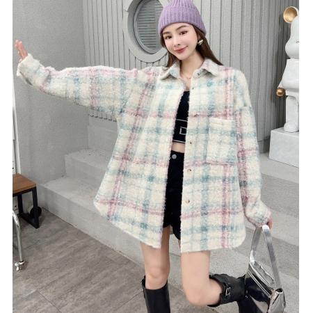 FA48492# 韩版秋冬中长款翻领衬衫原宿风撞色圈圈毛外套格子毛呢大衣女 服裝批發女裝批發服飾貨源
