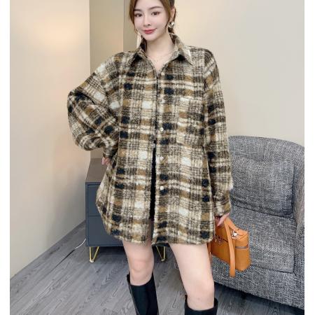 FA48492# 韩版秋冬中长款翻领衬衫原宿风撞色圈圈毛外套格子毛呢大衣女 服裝批發女裝批發服飾貨源