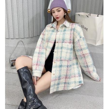 FA48492# 韩版秋冬中长款翻领衬衫原宿风撞色圈圈毛外套格子毛呢大衣女 服裝批發女裝批發服飾貨源