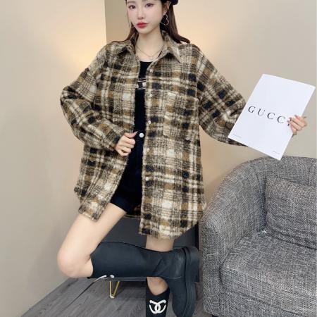 FA48492# 韩版秋冬中长款翻领衬衫原宿风撞色圈圈毛外套格子毛呢大衣女 服裝批發女裝批發服飾貨源