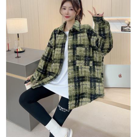 FA48493# 韩版秋冬中长款翻领撞色衬衫圈圈毛外套格子原宿风毛呢大衣女 服裝批發女裝批發服飾貨源