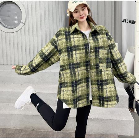 FA48493# 韩版秋冬中长款翻领撞色衬衫圈圈毛外套格子原宿风毛呢大衣女 服裝批發女裝批發服飾貨源