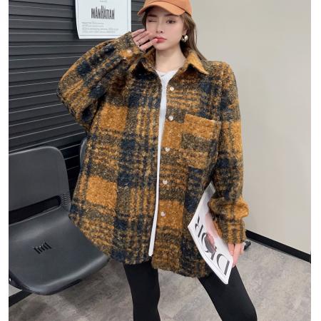 FA48493# 韩版秋冬中长款翻领撞色衬衫圈圈毛外套格子原宿风毛呢大衣女 服裝批發女裝批發服飾貨源