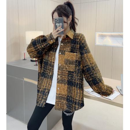 FA48493# 韩版秋冬中长款翻领撞色衬衫圈圈毛外套格子原宿风毛呢大衣女 服裝批發女裝批發服飾貨源