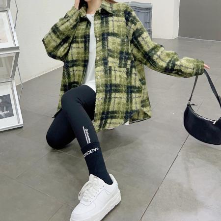 FA48493# 韩版秋冬中长款翻领撞色衬衫圈圈毛外套格子原宿风毛呢大衣女 服裝批發女裝批發服飾貨源