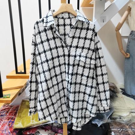 FA48494# 韩版秋冬网红格子毛呢单口袋衬衫设计感休闲宽松衬衣外套女 服裝批發女裝批發服飾貨源