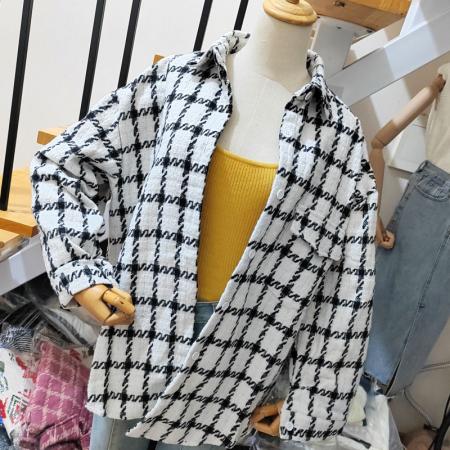 FA48494# 韩版秋冬网红格子毛呢单口袋衬衫设计感休闲宽松衬衣外套女 服裝批發女裝批發服飾貨源