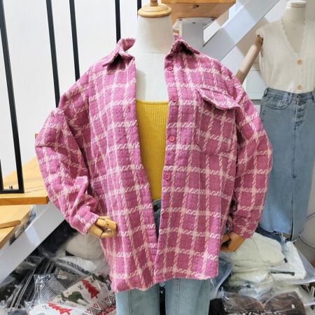 FA48494# 韩版秋冬网红格子毛呢单口袋衬衫设计感休闲宽松衬衣外套女 服裝批發女裝批發服飾貨源