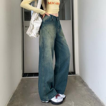 FA48501# -美式拼接复古牛仔裤女设计高腰宽松大码胖mm阔腿直筒拖地裤 服裝批發女裝批發服飾貨源